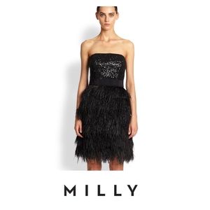 MILLY Ostrich Feather and Sequin Party Dress